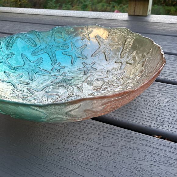 Large glass ombre starfish etched decorative bowl, mermaid fisherman nautical - Picture 2 of 12
